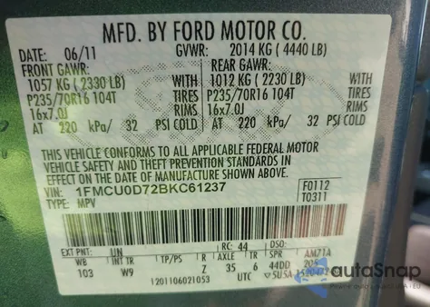 2011 Ford Escape Xlt from USA, damaged, VIN 1FMCU0D72BKC61237
